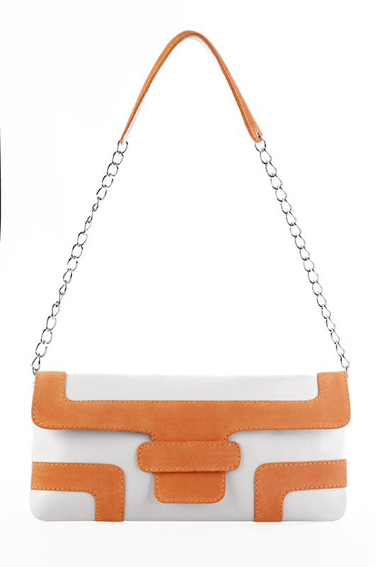 Apricot orange and pure white women's open back shoes, with a knot. Round toe. High slim heel. Worn view - Florence KOOIJMAN
